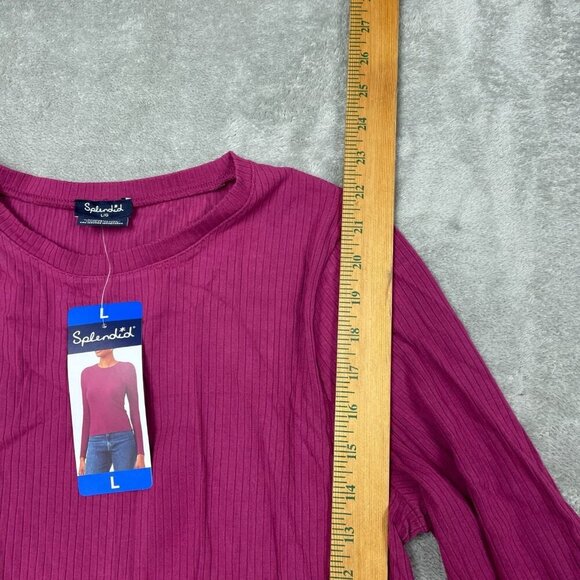 Splendid Long-Sleeve Ribbed Top L Magenta Rayon & Elastane Blend NWT 6509 - Picture 6 of 8